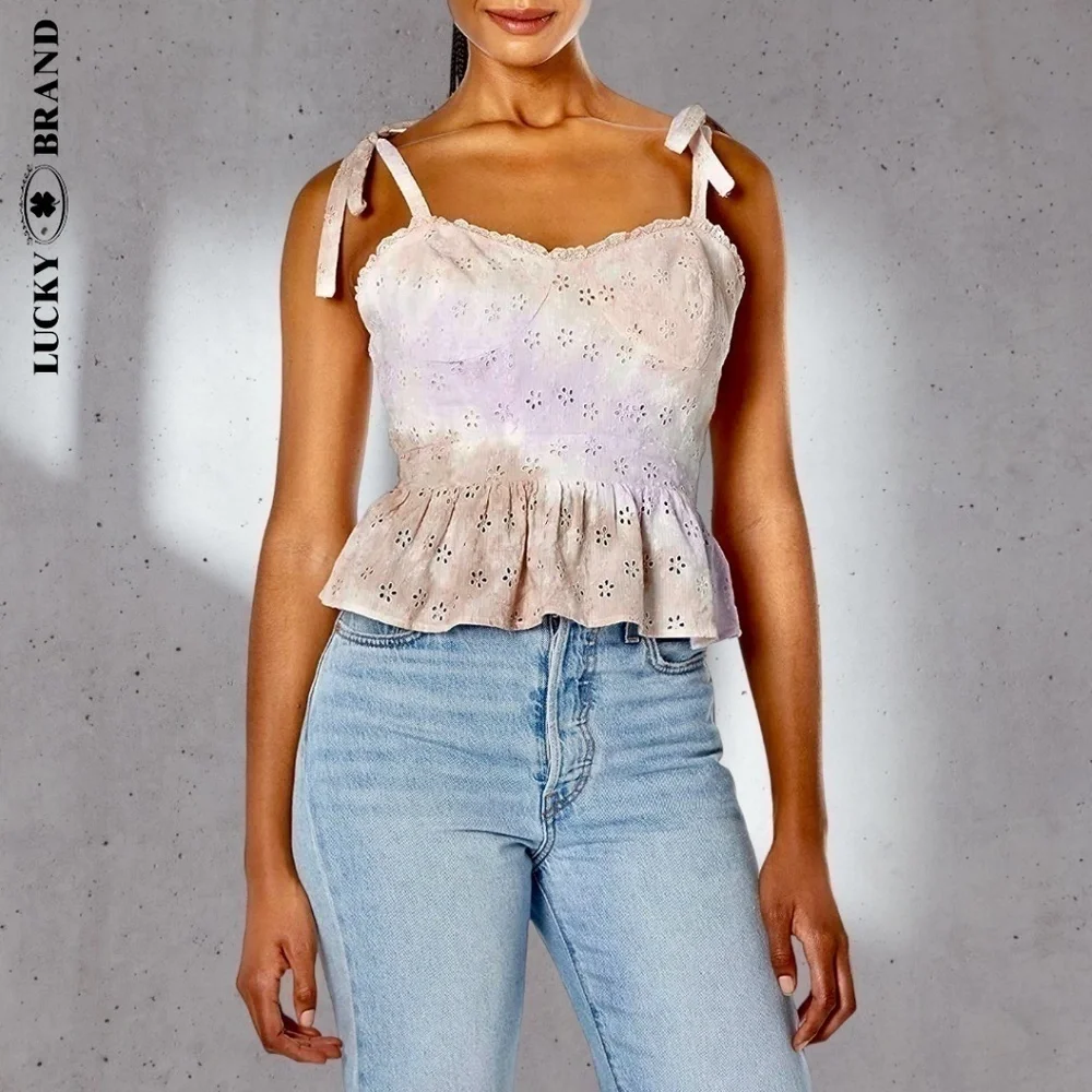 LUCKY BRAND Sweetheart Neck Shoulder Ties Cotton Eyelet Tie-Dyed Corset Top NWT